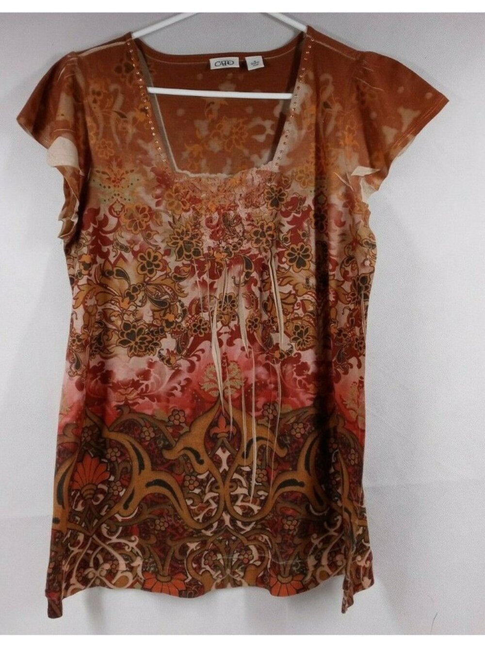 Cato Women's Brown Cap Sleeve Beaded Floral Shirt Size Medium